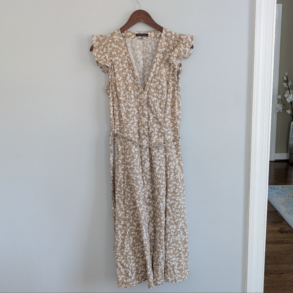 Women's Tommy Hilfiger 4 Dress Tan Floral Flutter Sleeve Midi Buttons - Picture 2 of 6